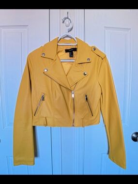 Forever 21 Cropped Mustard Yellow Faux Leather Moto Jacket